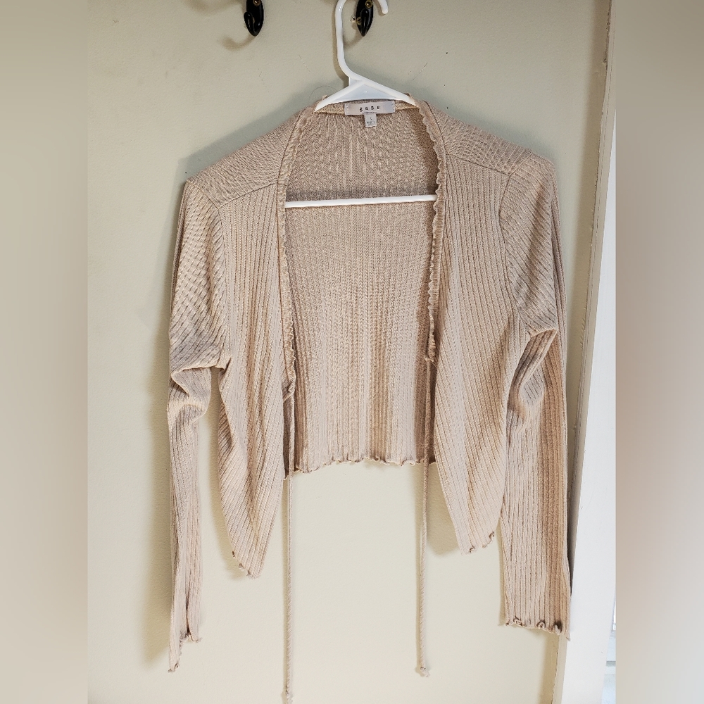Gaze Tan Knit Crop Cardigan Sweater Open Front Collar Tie Women Size small